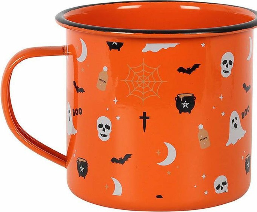 Styles * | Best Reviews Of Gothic Gifts Bats Orange Halloween Print | Enamel Mug