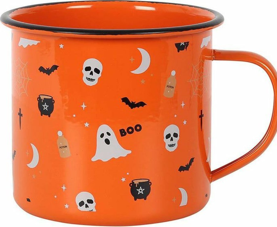 Styles * | Best Reviews Of Gothic Gifts Bats Orange Halloween Print | Enamel Mug